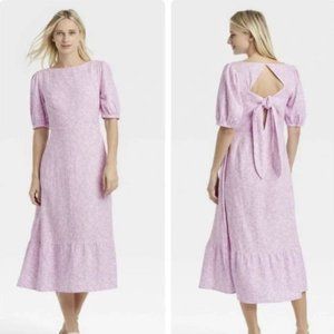 Who What Wear Midi Purple Floral Linen Blend Dress Tie Back